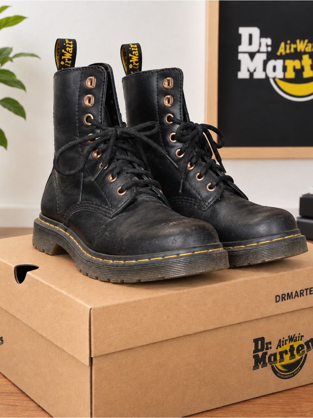 Dr. Martens Black Leather Lace-Up Boots with Yellow Welt
